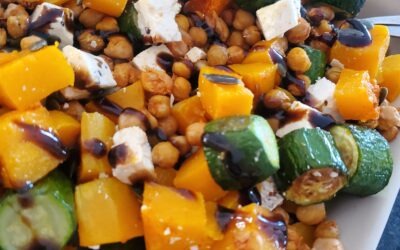 Roasted butternut and baby marrows with crispy chickpeas